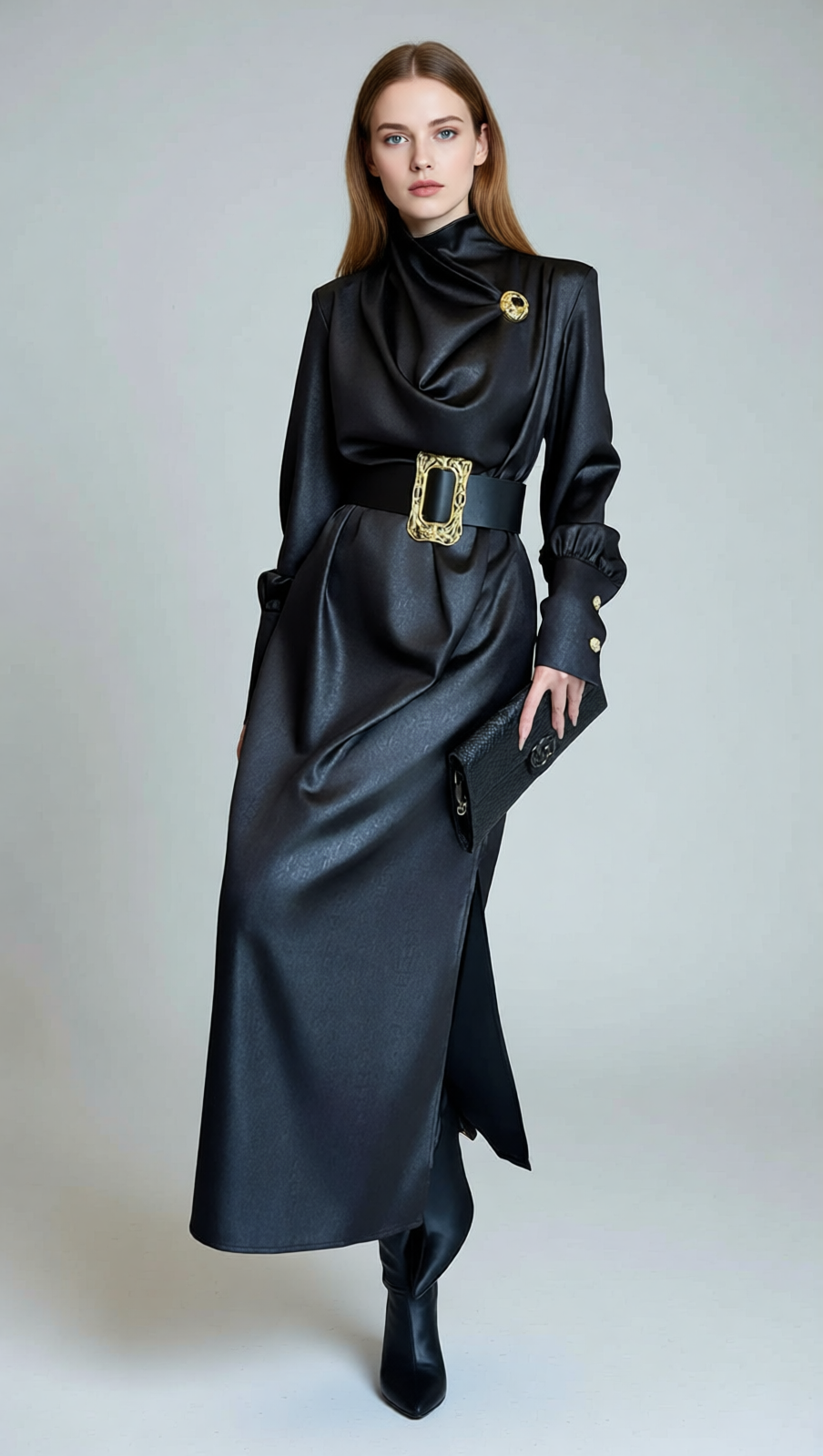 Imad Black Elegant Long Sleeve Belted Maxi Dress - Statement Gold Buckle