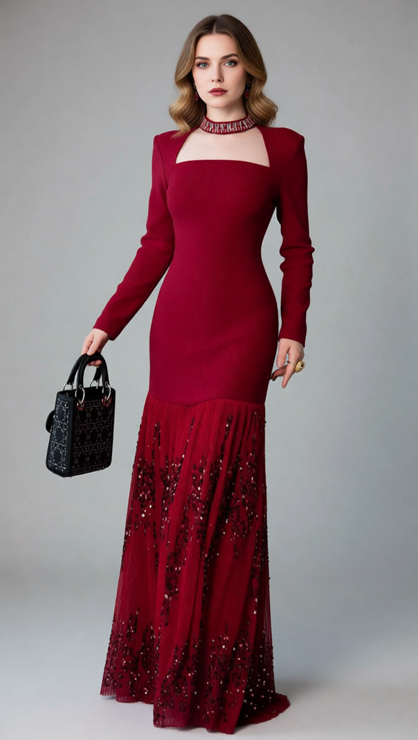 AIIZIE Ioana Glamorous Red Sequin Long Sleeve Maxi Dress - Elegant Square Neck Evening Gown - product image