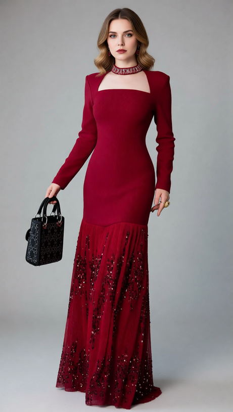 Ioana Glamorous Red Sequin Long Sleeve Maxi Dress - Elegant Square Neck Evening Gown