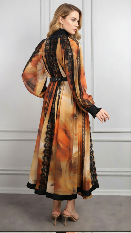 Elegant Imari Lace & Print Midi Dress | Romantic Long Sleeve Women's Gown