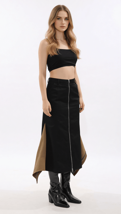 IDONIA TWO-TONE ZIPPER-FRONT MIDI SKIRT - MODERN BLACK CHIC