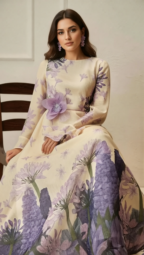 Isadore Elegant Floral Maxi Dress - Long Sleeve Chiffon Gown with Flower Belt