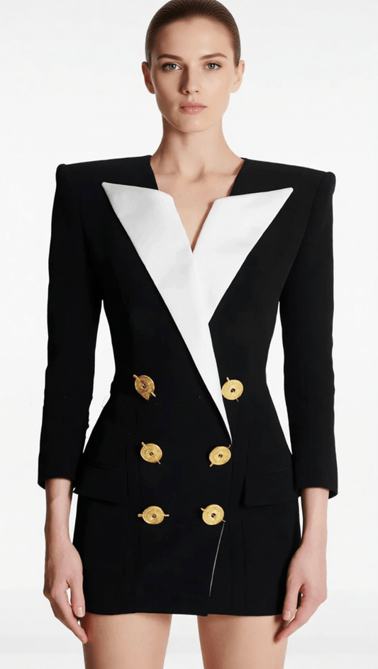 AIIZIE HEULWEN BLACK DOUBLE-BREASTED TUXEDO BLAZER DRESS WITH CONTRAST LAPELS - product image