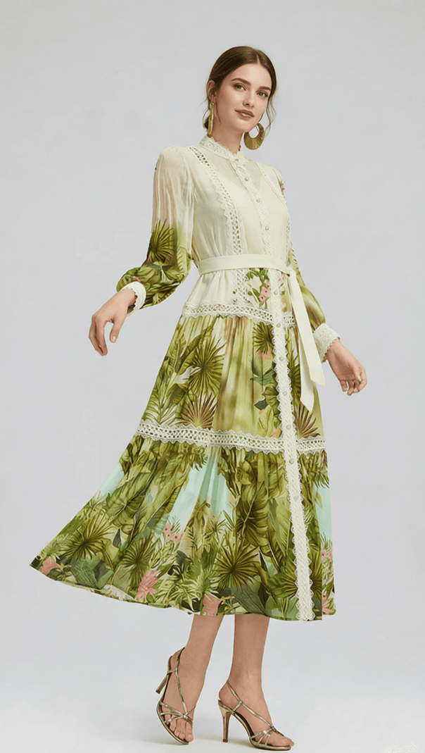 AIIZIE ELEGANT TROPICAL HIBISCUS PRINT TIERED MIDI DRESS WITH LACE & TIE-WAIST - product image