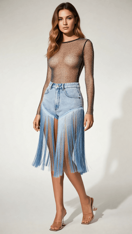 PARENTH HEAD-TURNING HIGH-WAIST FRINGE DENIM-LOOK SHORTS