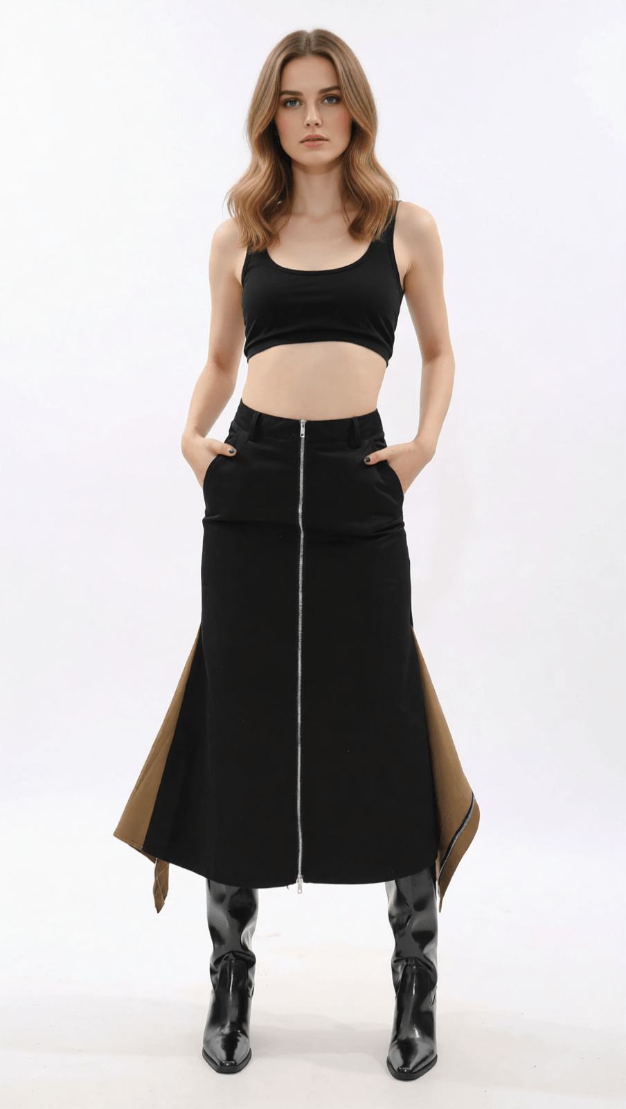 IDONIA TWO-TONE ZIPPER-FRONT MIDI SKIRT - MODERN BLACK CHIC