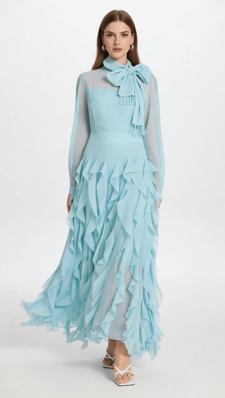 Isaak Ethereal Ruffle Maxi Gown - Elegant Chiffon Dress with Statement Bow Neck