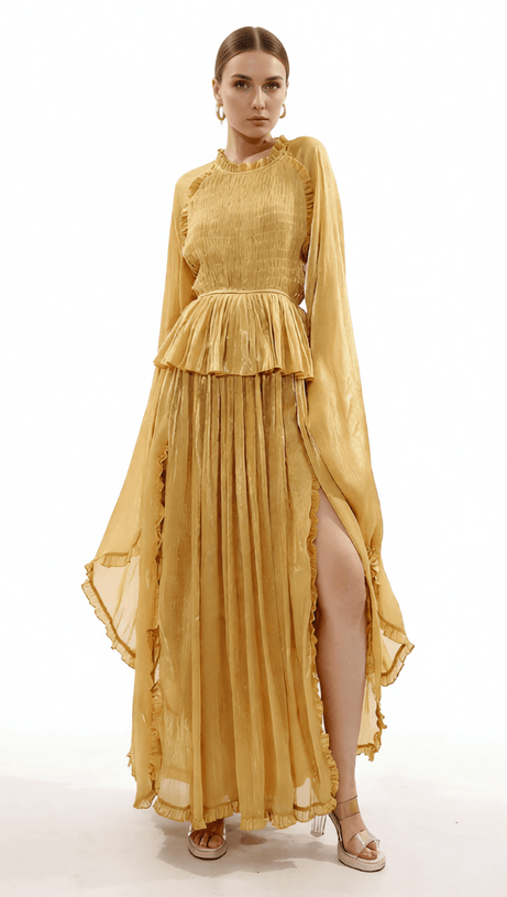 HOLLE GOLDEN PLEATED MAXI DRESS FOR WOMEN - ELEGANT LONG SLEEVE OCCASION GOWN