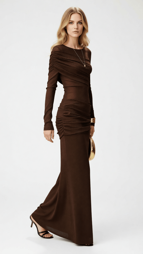 AIIZIE INDIRA COFFEE BROWN RUCHED LONG SLEEVE MAXI DRESS - ELEGANT & FLATTERING - product image