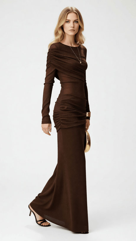 INDIRA COFFEE BROWN RUCHED LONG SLEEVE MAXI DRESS - ELEGANT & FLATTERING
