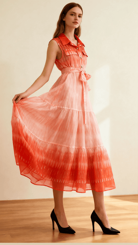 Isi Ombre Tie-Dye Sleeveless Midi Dress - Flowy Tiered Shirtdress