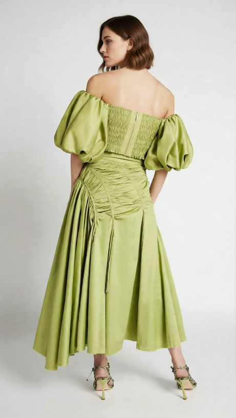 Vibrant Lime Green Puff Sleeve Crop Top & Ruched Maxi Skirt Set | Ivo Two-Piece