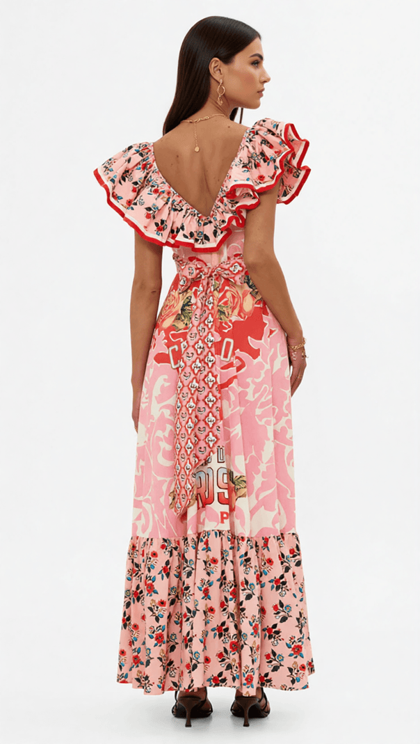 AIIZIE IRINA CHIC PINK FLORAL V-NECK MAXI DRESS - BOHEMIAN TIERED PRINT - product image