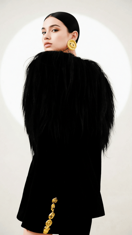 HYUNH BLACK OFF-SHOULDER FAUX FUR BLAZER | GOLDEN EYE BUTTONS