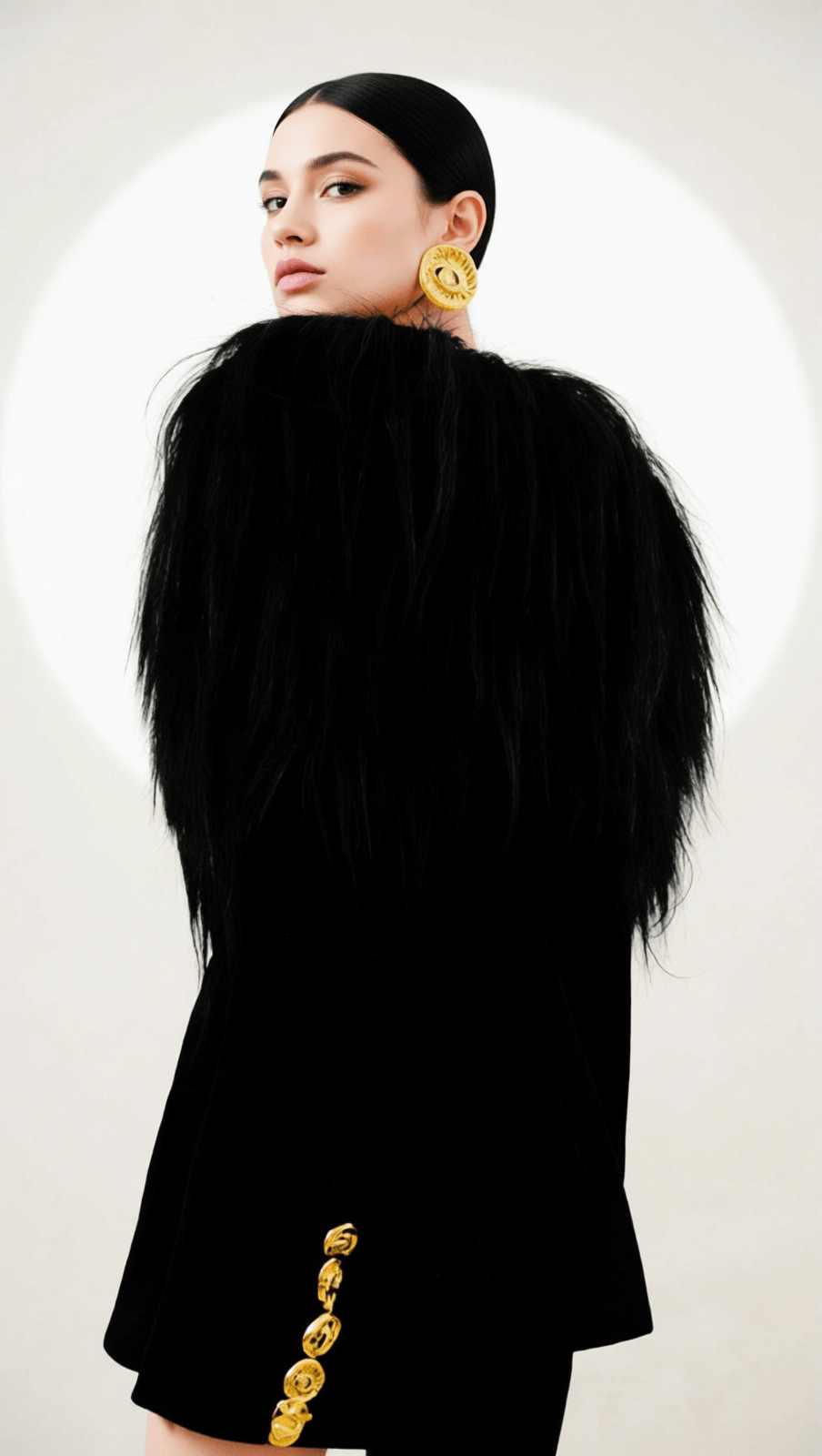 HYUNH BLACK OFF-SHOULDER FAUX FUR BLAZER | GOLDEN EYE BUTTONS