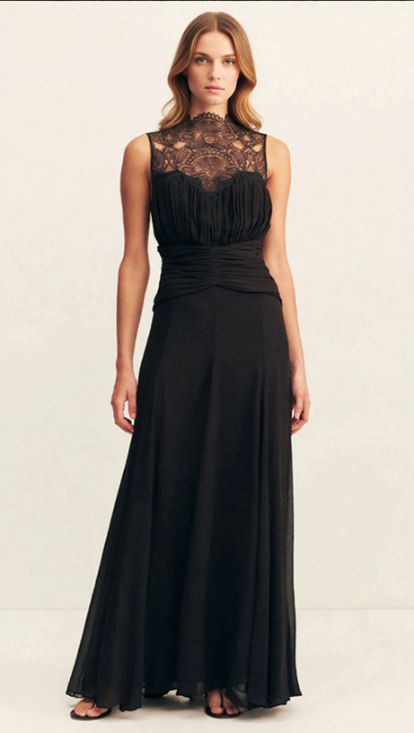 IONA ELEGANT BLACK LACE RUCHED SLEEVELESS MAXI GOWN