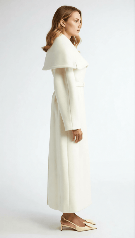 Izabella Luxe Belted Maxi Coat - Draped Collar & Tailored Elegance