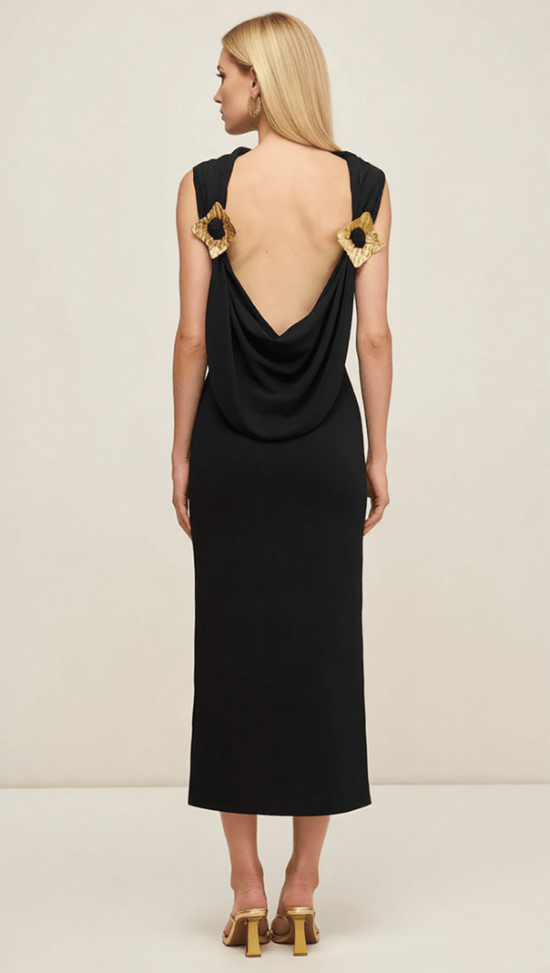 AIIZIE IDA BLACK BACKLESS MIDI DRESS WITH GOLD EMBELLISHMENTS - ELEGANT EVENING & COCKTAIL WEAR - product image
