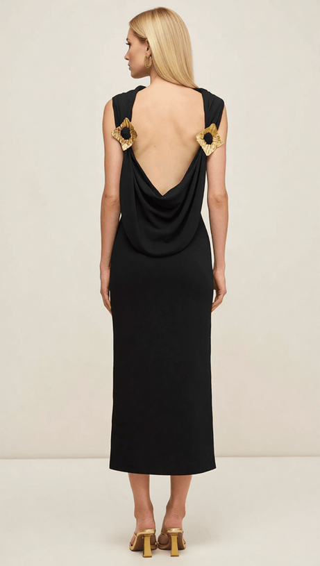 IDA BLACK BACKLESS MIDI DRESS WITH GOLD EMBELLISHMENTS - ELEGANT EVENING & COCKTAIL WEAR