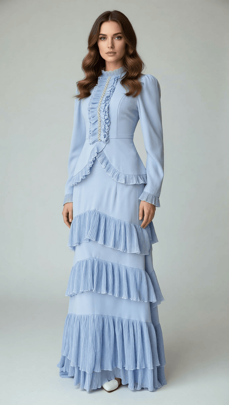 Ignace Elegant Ruffle Two-Piece Set - Long Sleeve Top & Tiered Maxi Skirt