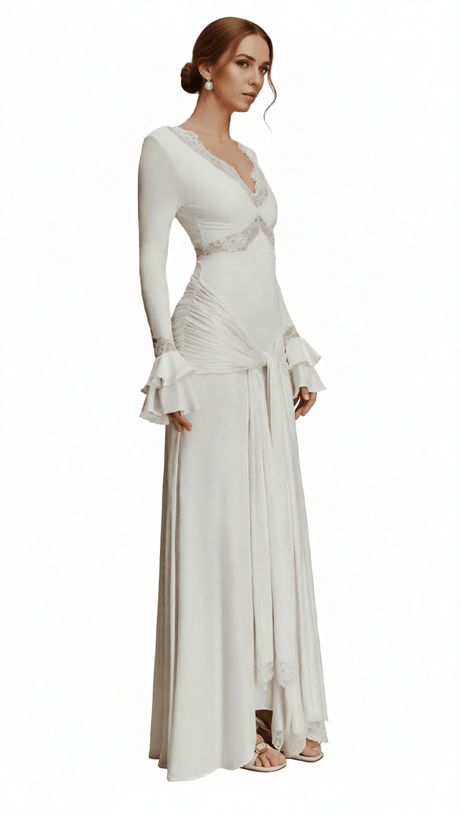 AKEELAH GRACEFUL LACE-TRIMMED FLARE SLEEVE MAXI DRESS | TIE-WAIST ELEGANCE