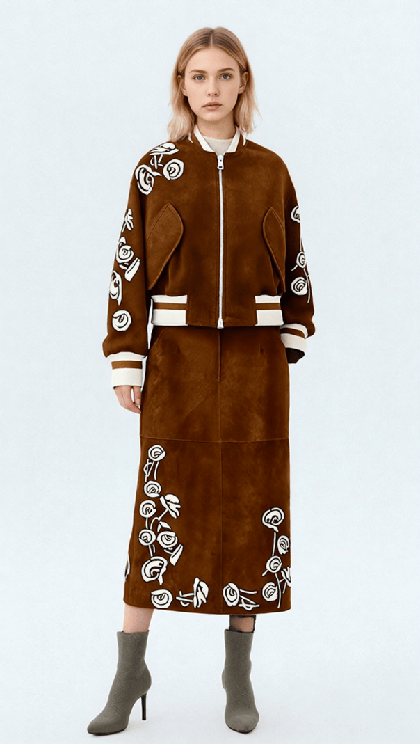 AIIZIE HUDA CHIC BROWN EMBROIDERED FAUX SUEDE BOMBER JACKET & MIDI SKIRT SET - product image