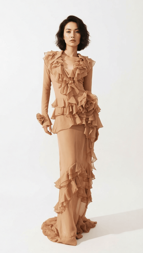 HIMANI RUFFLE MAXI DRESS: EFFORTLESSLY ELEGANT CASCADING RUFFLE GOWN