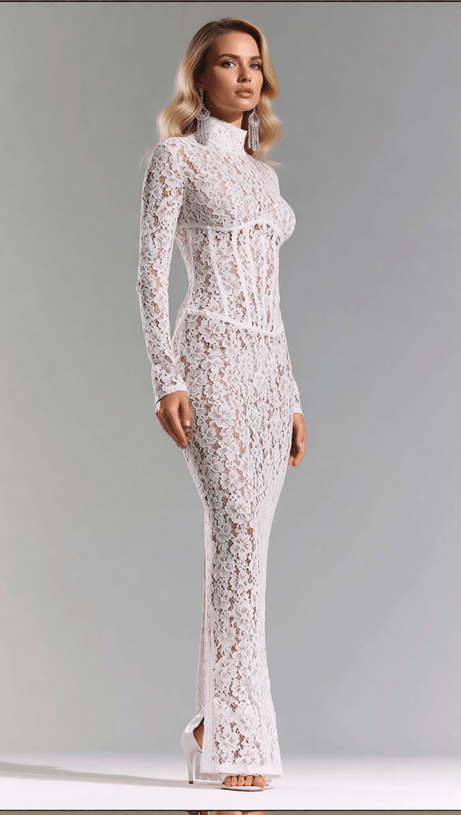ISOLDE WHITE FLORAL LACE CORSET MAXI DRESS - ETHEREAL ELEGANCE FOR WEDDINGS & GALAS