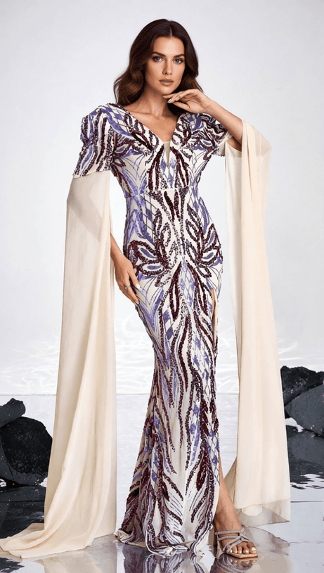 Dazzling Sequin & Cape Slit Maxi Gown - Evening & Formal Wear