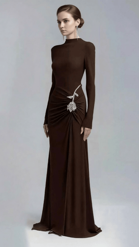 Elegant Merlot Ruched Long Sleeve Maxi Dress with Crystal Flower Embellishment
