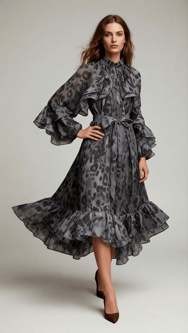 Chic Orange Leopard Ruffle Midi Dress | Long Sleeve Statement Style