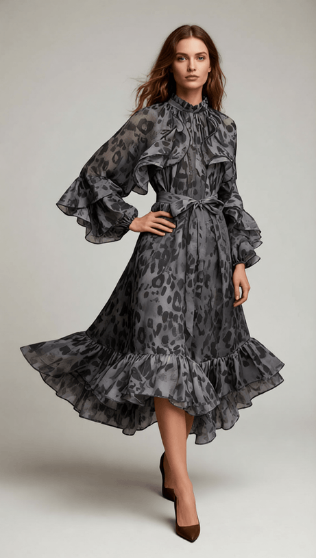 Chic Orange Leopard Ruffle Midi Dress | Long Sleeve Statement Style