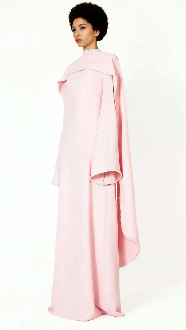 AIIZIE HIDI PINK PEARL TRIM SHAWL MAXI DRESS | ELEGANT LONG SLEEVE FORMAL GOWN - product image