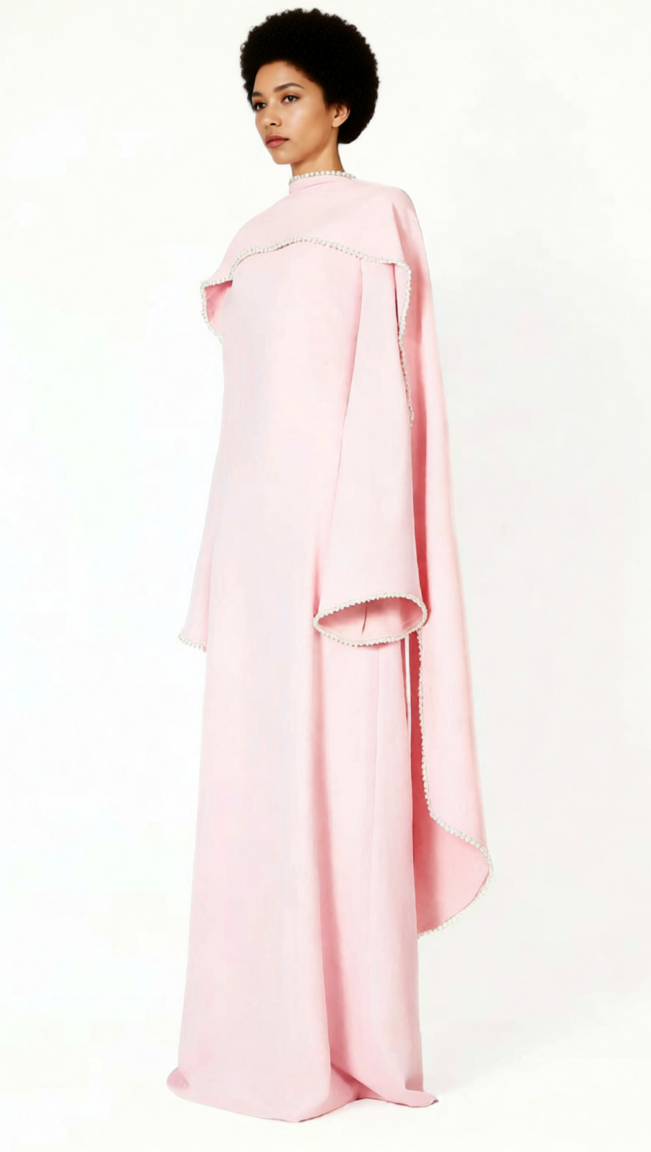 HIDI PINK PEARL TRIM SHAWL MAXI DRESS | ELEGANT LONG SLEEVE FORMAL GOWN