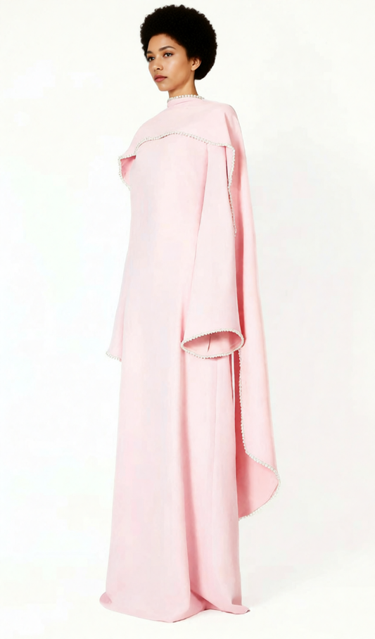 AIIZIE HIDI PINK PEARL TRIM SHAWL MAXI DRESS | ELEGANT LONG SLEEVE FORMAL GOWN - product image