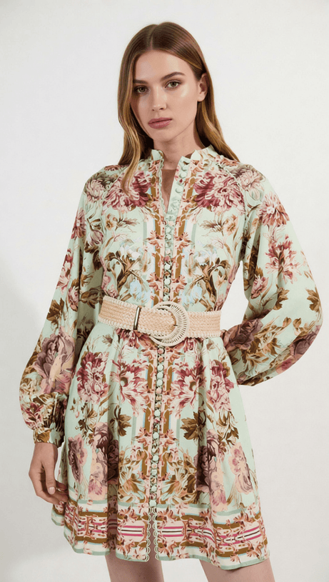 HILKIAH BOHO CHIC FLORAL PRINT LONG SLEEVE MINI DRESS WITH WOVEN BELT