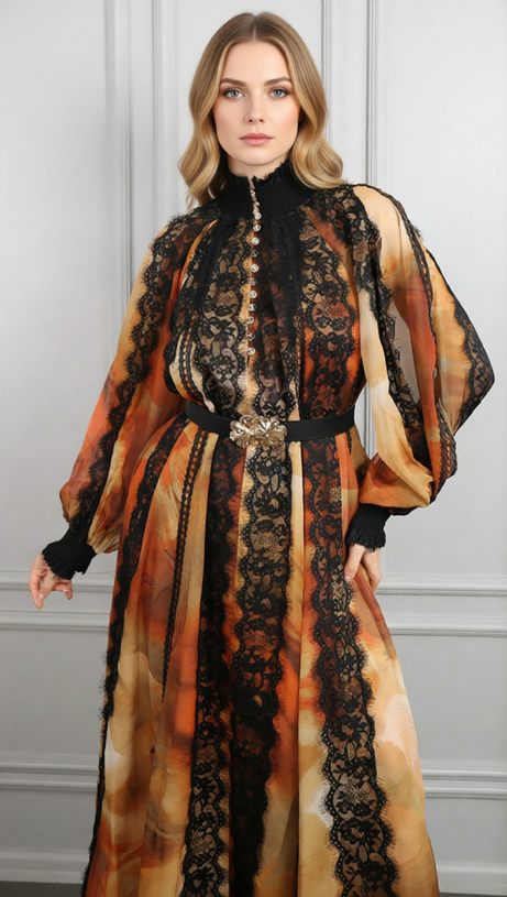 Elegant Imari Lace & Print Midi Dress | Romantic Long Sleeve Women's Gown