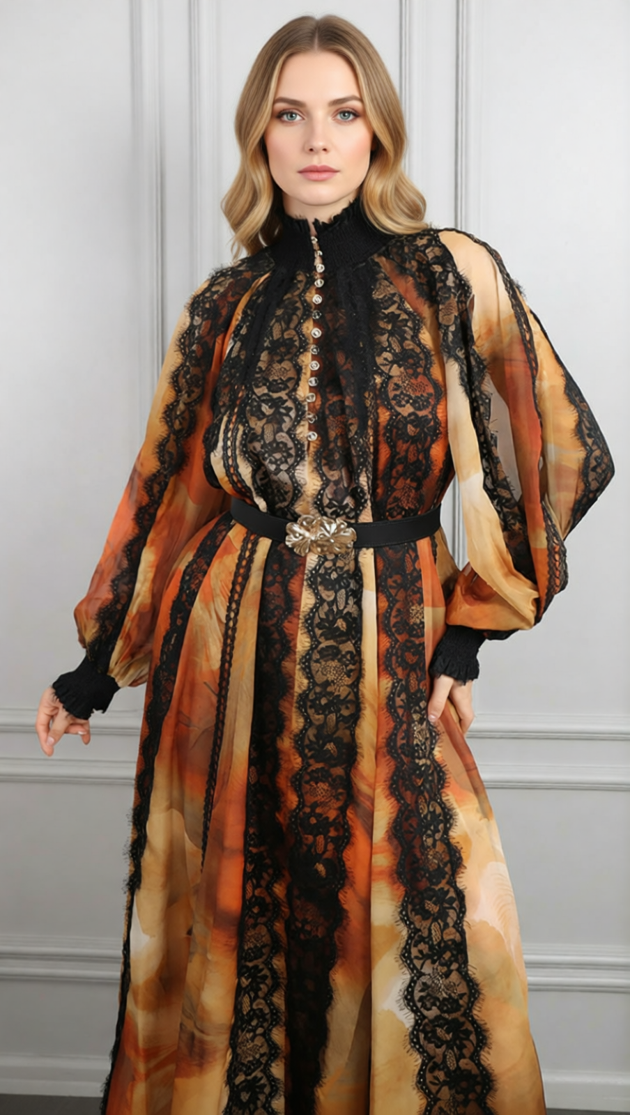 Elegant Imari Lace & Print Midi Dress | Romantic Long Sleeve Women's Gown