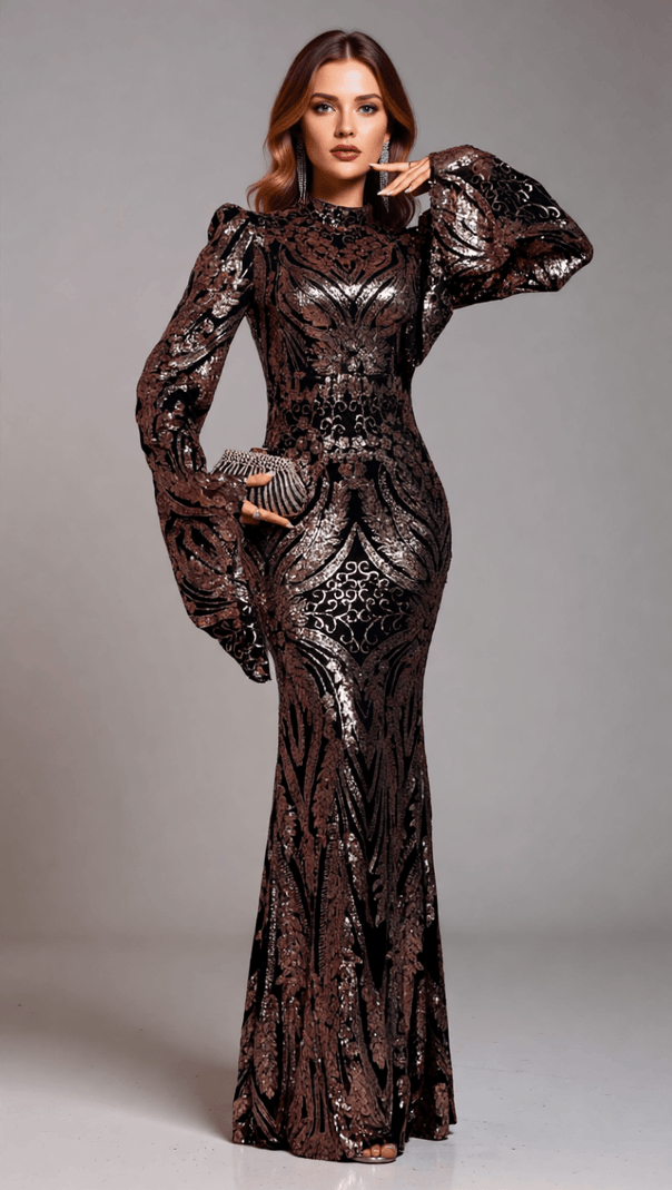 AIIZIE Iben Dazzling Sequin Maxi Dress | Long Sleeve Black & Rose Gold Evening Gown - product image