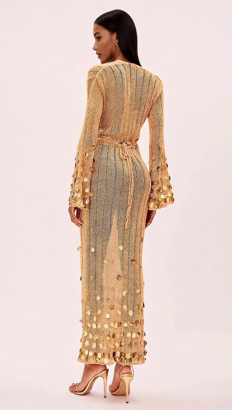 HONZA DAZZLING GOLD SEQUIN KNIT MAXI DRESS - EFFORTLESS GLAMOUR