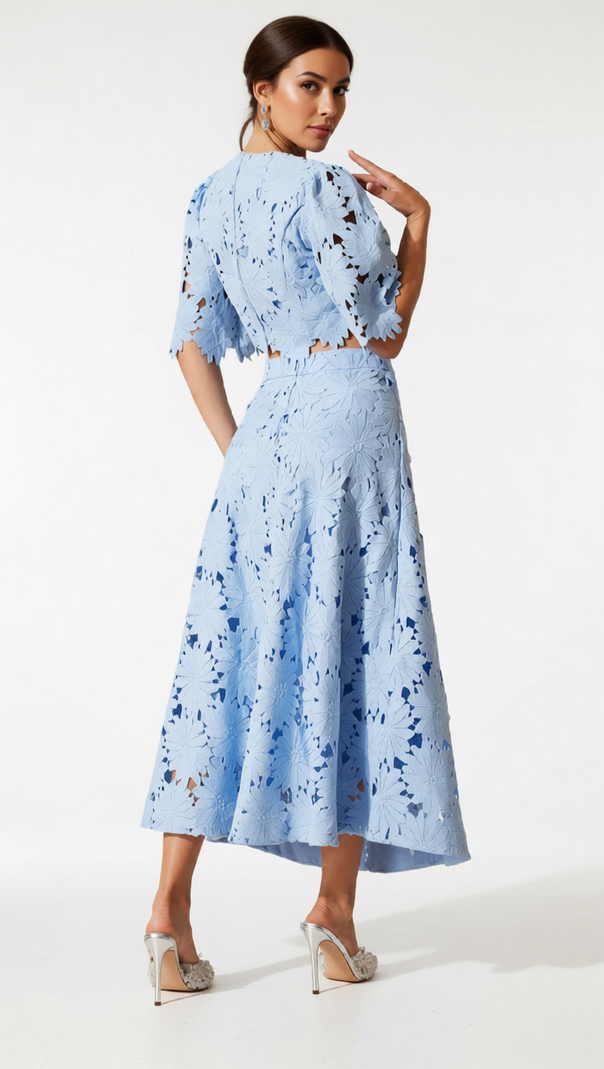 AIIZIE ZAELYTH ELEGANT FLORAL CUT-OUT LACE SKIRT SET - SKY BLUE CROP TOP & MIDI - product image