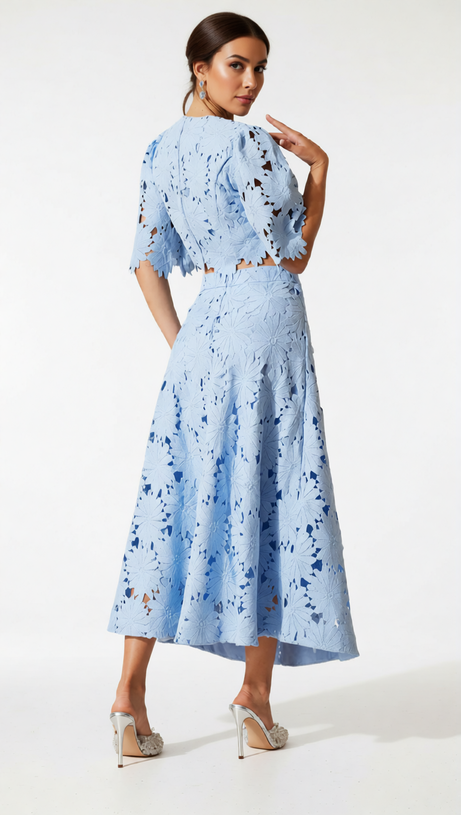 ZAELYTH ELEGANT FLORAL CUT-OUT LACE SKIRT SET - SKY BLUE CROP TOP & MIDI