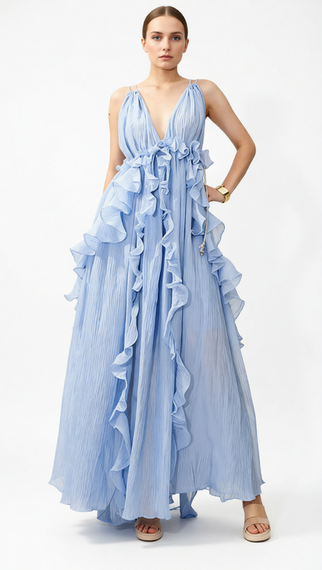 HOKONA EFFORTLESS RUFFLE MAXI DRESS - STRAPPY V-NECK GOWN FOR SUMMER & RESORT