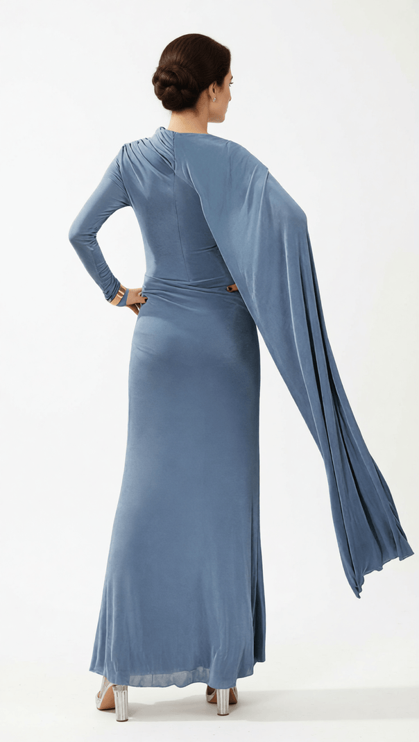 AIIZIE HOLA STRAP ELEGANT DRAPED LONG SLEEVE MAXI DRESS - SOPHISTICATED EVENING GOWN - product image