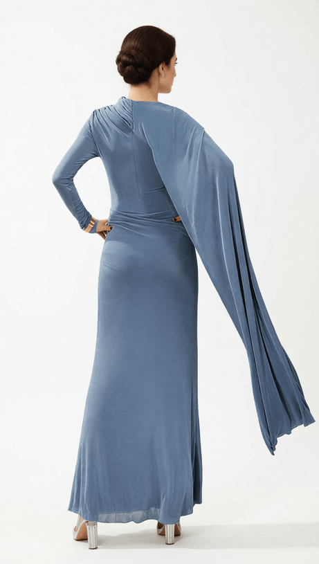 HOLA STRAP ELEGANT DRAPED LONG SLEEVE MAXI DRESS - SOPHISTICATED EVENING GOWN