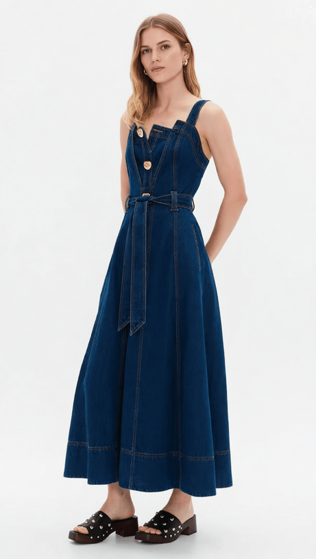 EFFORTLESS CHIC: WOMEN'S BUTTON-FRONT BELTED DENIM MIDI DRESS