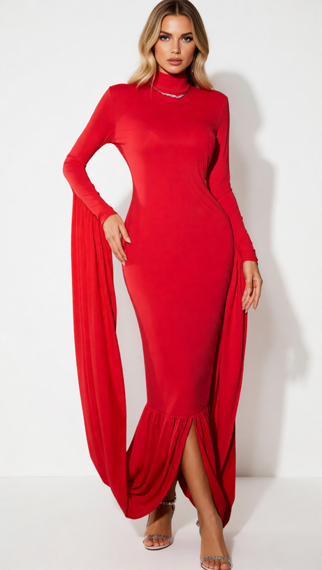 QAELTRIC HIGH NECK DRAPED MAXI DRESS | ELEGANT LONG SLEEVE EVENING GOWN