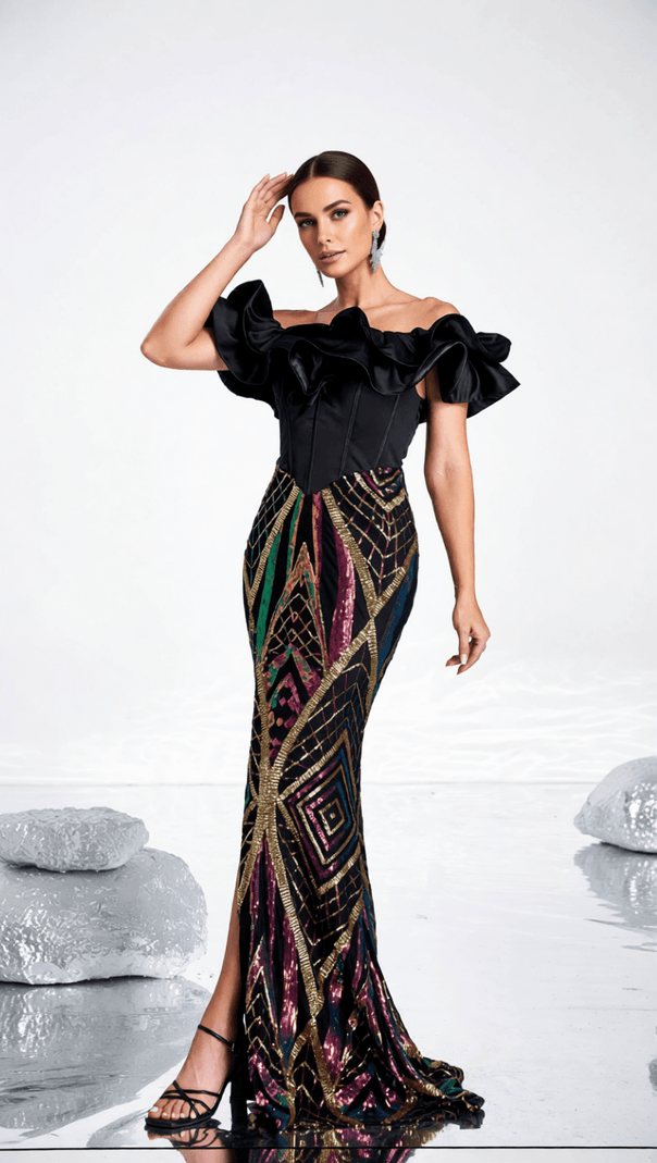 AIIZIE HONESTI DAZZLING SEQUIN CORSET MAXI DRESS - GLAMOROUS EVENING GOWN - product image