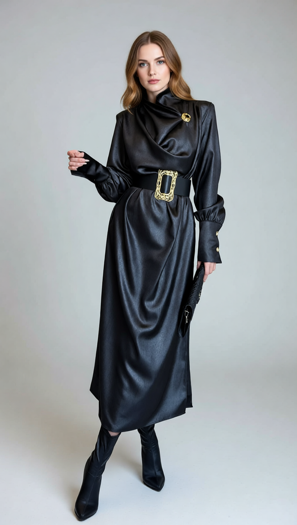 AIIZIE Imad Black Elegant Long Sleeve Belted Maxi Dress - Statement Gold Buckle - product image