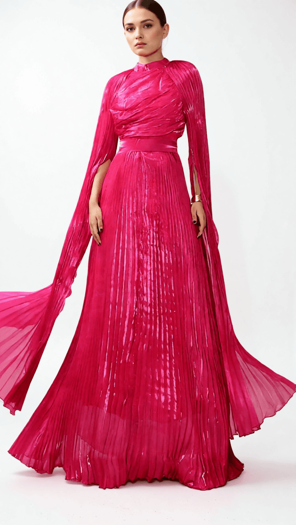 AIIZIE HODAYA VIBRANT PINK PLEATED LONG SLEEVE MAXI DRESS - ELEGANT FORMAL GOWN - product image
